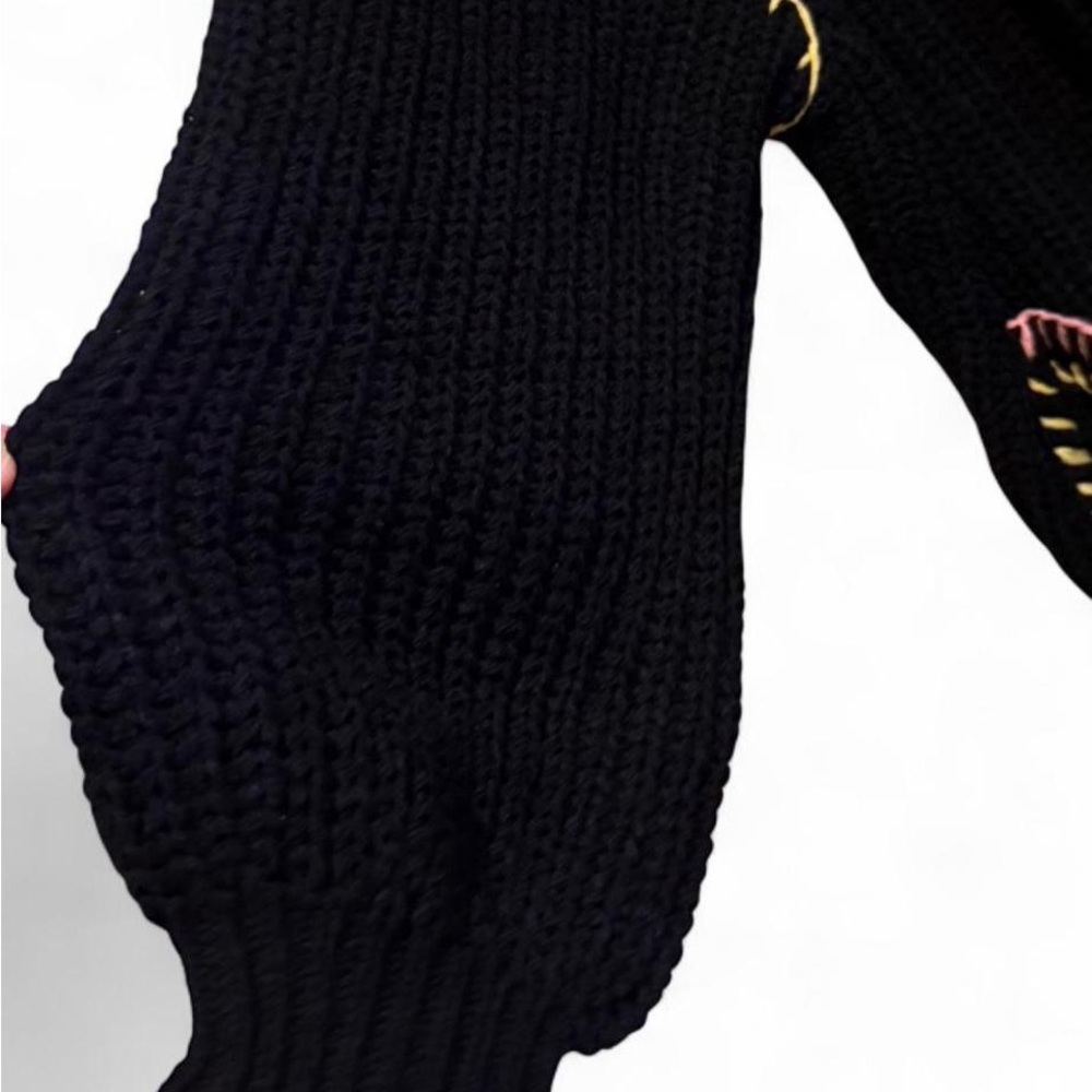 POL Medium Black Chunky Knit Crochet Cardigan Pink & Yellow Whip Stitching NWOT - Picture 7 of 10